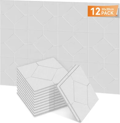 Obrázek produktu pro XMTECH sada 12 samolepicích čtvercových akustických panelů 30x30x0,9 cm - zvukově izolační panely s kosočtvercovým vzorem - bílé
