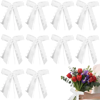 10er Set Auto-Schleifen Organza weiß mit Herz für Hochzeit