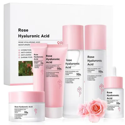 Image de Ensemble de soins pour le visage hydratants, comprenant 6 produits : crème pour le visage, masque, sérum pour les yeux