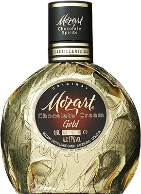 A bottle of Mozart Chocolate Cream Gold liqueur.