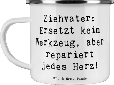 Produktbild von Mr. & Mrs. Panda Pott Spruch Ziehvater Herzreparatur - Weiß - Geschenk, Mentor, Verwandte, Haferl, Adoptivvater, Stiefvater, Bonusvater, Emaille Tasse, Teetasse, Lächeln
