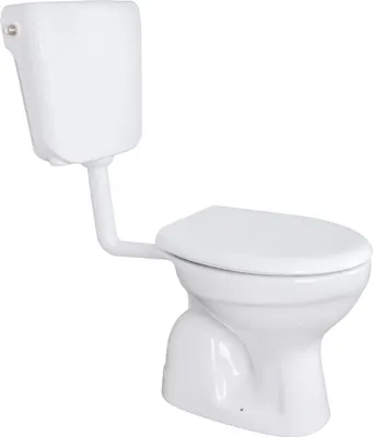 A white ceramic toilet with a cistern and lid, isolated on a white background.
