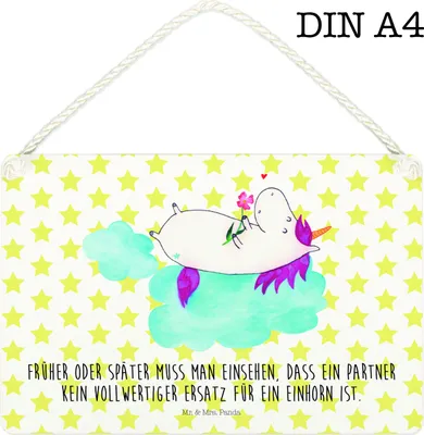 Produktbild von Mr. & Mrs. Panda Schild Einhorn Verliebt DIN A4 - Weiß - Geschenk, Unicorn, Freundin, Deko, Holzschild, Liebe, Türschild, kleine aufmerksamkeit, Einhörner, holzbild