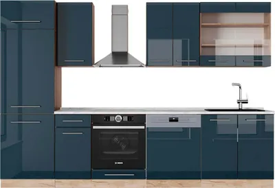 Produktbild von Küchenzeile Vicco Fame-Line Dunkelblau Hochglanz/Goldkraft Eiche 300 cm , AP Marmor, Model 49776
