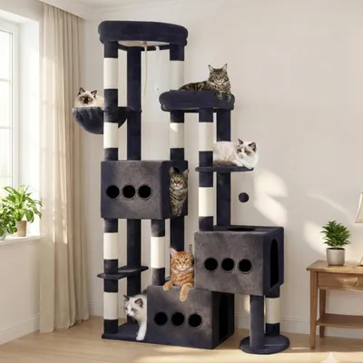 Produktbild von Katzenkratzbaum 182 cm, stabil für Mehrkatzenhaushalte |XXL-Kratzbaum mit 3 großen Katzenhöhlen (40 x 40 cm) und 10 Kratzstämmen,kippsicher, Rauchgrau
