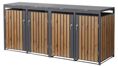 Immagine prodotto di Contenitore per bidoni della spazzatura ML-Design, modello a 4 scomparti, per 4 bidoni da 240 litri, dimensioni 264x80x120 cm, finitura antracite effetto legno, realizzato in acciaio, resistente agli agenti atmosferici e dotato di serratura