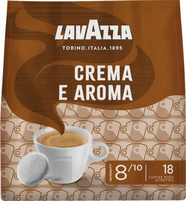 A package of Lavazza Crema E Aroma coffee pods, featuring a cup of coffee and product details.