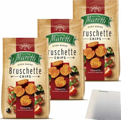 Produktbild von Maretti Bruschette Chips Tomato Olives & Oregano Brotchips 3er Pack (3x150g Packung) + usy Block