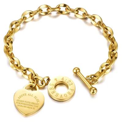 Produktbild von Emibele Armband mit Gravur, Edelstahl Gliederarmkette mit Herzanhänger & OT Schn
