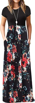 Image de ASKSA Femmes manches courtes été Casual Long Maxi Robes avec poches (Noir,L)