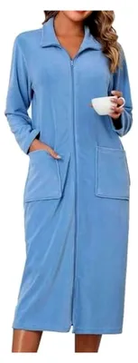 Produktbild von Fleece Bademantel für Damen mit Reißverschluss und Taschen in den Größen S-3XL