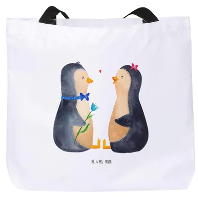 Produktbild von Mr. & Mrs. Panda Einkaufstasche Pinguin Pärchen - Weiß - Geschenk, Liebe, Verknallt, Tote Bag, Laptoptasche, Tasche, Hochzeitsgeschenk, Reisetasche, Strandtasche
