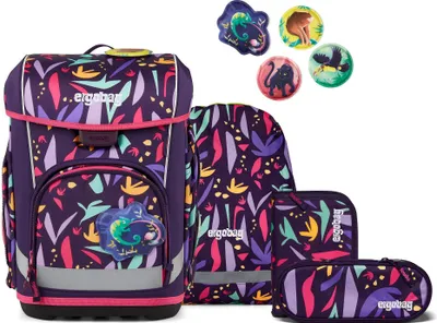 A set of school supplies including a backpack, a pencil case, and a small pouch, all with a jungle-themed pattern.