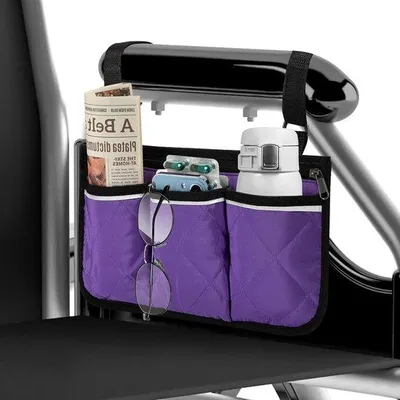 Immagine prodotto di Borsa a rotelle con bracciolo - Borsa a rotelle viola con 3 scomparti - Borsa con bracciolo riflettente per sedie a rotelle e passeggini