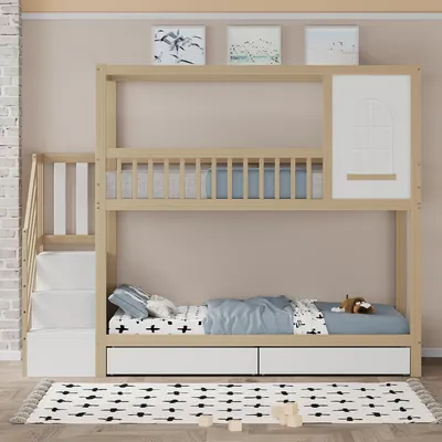 Immagine prodotto di Letto a castello per bambini, dimensioni 90x200 cm, in legno colorato, con cassetti contenitori, scala di sicurezza e design a forma di casetta, ideale per la cameretta dei bambini