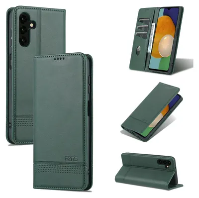 A collage of images showing a green leather phone case for a Samsung Galaxy A14 5G.