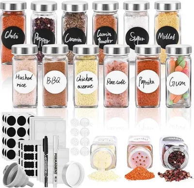 Immagine prodotto di Piccoli contenitori in vetro per spezie da 120 ml con coperchio in acciaio inossidabile e dosatore