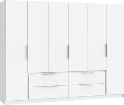 Produktbild von Kleiderschrank "Luano" in Weiss mit 4 Schubladen und 6 Türen. Abmessungen (BxHxT) 269,7x210,5x60 cm