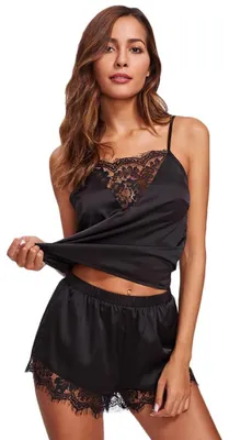 Imagen del producto de Conjunto de pijama de satén para mujer, con encaje, diseño y con escote en V (KOEMCY)