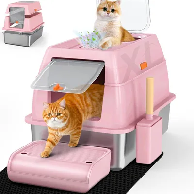 Imagen del producto de Arenero para gatos de acero inoxidable, tamaño XL, con tapa y dos entradas, dimensiones 60x40x39,5 cm