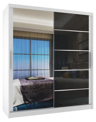 Produktbild von BELINI Verona MGB Schiebetürenschrank 133 cm Weiß/Schwarz Hochglanz - Kleiderschrank mit Spiegel & 2 Schubladen, Schlafzimmer