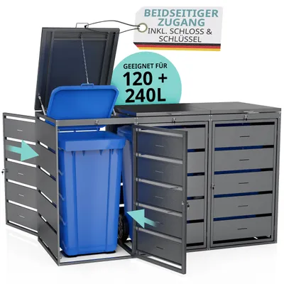 Produktbild von 3er Mülltonnenbox 3x240l / 3x120l Metall Deckel abschließbar 196x80x116 beidseitig zugänglich verzinkt 2x 3 Türen mit Schloss anthrazit