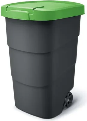 A dark gray trash bin with a green lid and wheels, shown against a white background.