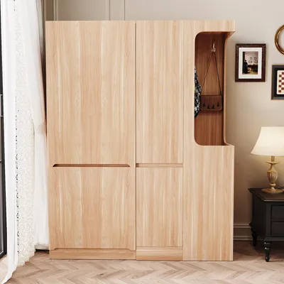Produktbild von okwish Kleiderschrank Drehtürenschränke mit offener Kleiderbereich,Eckkleiderschränke mit Stauraum und rechter Seite,Holzfarbe