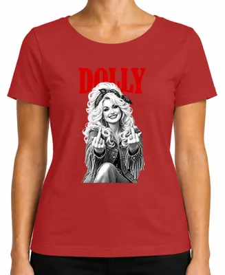 Productafbeelding van Dolly Parton, countrymuziek, middelvinger, rockabilly, retro, zangeres, dames T-shirt, rood, maat M