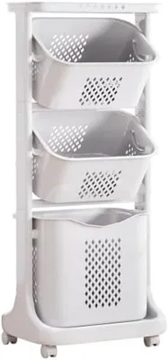Produktbild von PromoHome® Wäschesortierer auf Rädern mit 4 Ebenen, 3 Aufbewahrungskörben, Wäschesammler, Wäschewagen für Kleidung und Spielzeug, 109x33x44