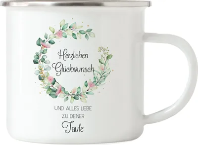 Produktbild von Herzlichen Glückwunsch und Alles Liebe zur Taufe Emaille Tasse Patenkind Patenonkel Patentante Kirche Geschenk zur Taufe