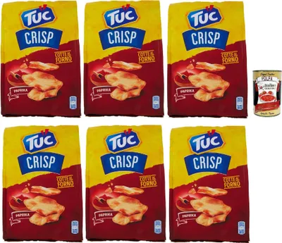 Produktbild von Crisp, Gusto Paprika, Knuspriges Blätterteiggebäck auf der Basis von im Ofen gegarten Kartoffeln chips mit 100% italienischem Weizen, 6x 100 g + Italian Gourmet polpa 400g