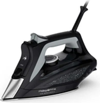 A studio shot of a black Rowenta steam iron against a white background.