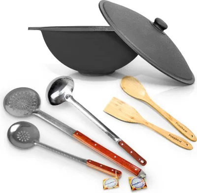Produktbild von Gusseisen Kazan 22 L mit Aluminiumdeckel Uzbekistan Kochtopf Schaumlöffel Holzlöffel WOK Plov плов казан Kasan Feuerofen Plov Schöpfkelle Учак