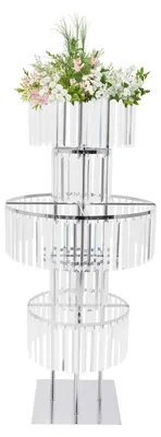 Image de Support à fleurs avec pendentifs en cristal - Colonne à 5 étages - Structure en métal - Hauteur : 110 cm - Décoration pour mariages, anniversaires, événements - Argent