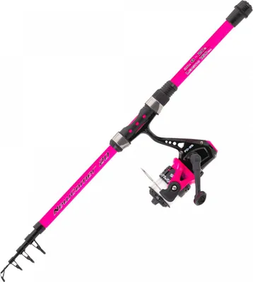 A pink fishing rod and reel set against a white background.