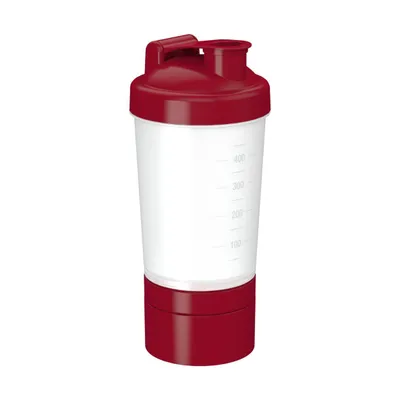 Produktbild von Shaker 400 ml "Protein" Pro 2 - Fitness Shaker für Eiweiß- & Sportgetränke - Gym Shaker mit herausnehmbarem Sieb & zwei abnehmbaren Kammern - transparent/standard-rot