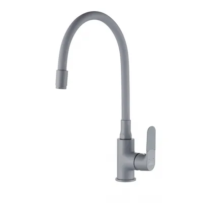 A single gray kitchen faucet with a flexible spout is shown against a white background.