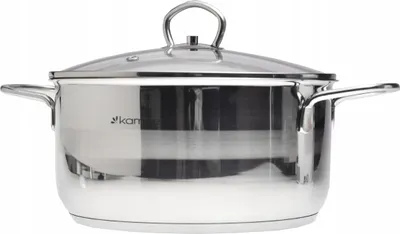 A stainless steel pot with a glass lid is shown against a white background.