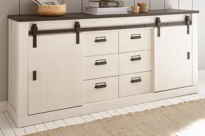 Produktbild von Sideboard "Stove" in weiß Pinie Kommode 201 x 91 cm mit 6 Schubladen und Soft-Close