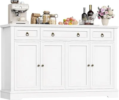 Image de Buffet de cuisine avec plan de travail, meuble de rangement pour cuisine, buffet pour cuisine et salon, meuble de salon avec 3 tiroirs et 4 portes, buffet de cuisine avec étagère réglable, dimensions : 134 x 87 x 40 cm, couleur : blanc