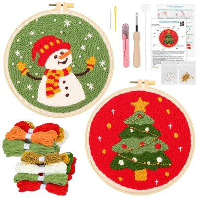 Punch Needle Weihnachts-Set, 2er-Set, Baum & Schneemann, für Anfänger