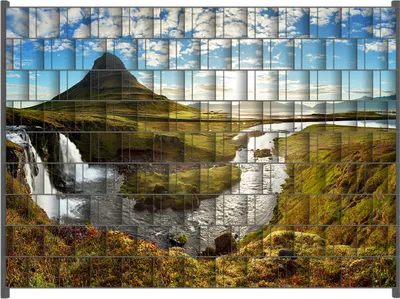Produktbild von Wallario Zaunsichtschutz mit Motiv Island Panorama Fluss  Berge und blauer Himmel für Ein- und Doppelstabmatten Zäune in der Größe 250 x 180 cm