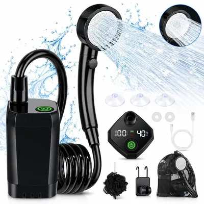 Produktbild von Tragbare Campingdusche 6000mAh, elektrische Duschpumpe mit Temperatur- & Akkuanzeige, Duschkopf und 2m Schlauch, für Camping, Garten, Auto, Haustiere