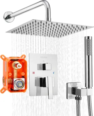 Produktbild von VEVOR Duscharmatur Regenduschsystem fürs Badezimmer Duschsystem mit 254 mm quadratischen Regenduschkopf & Handbrause, wandmontierte Badezimmerarmaturen mit Messingventil & Zierset, Silberchrom