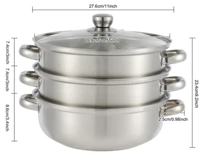 Obrázok produktu pre Parný hrniec - 3-úrovňový parný hrniec - 3 úrovne - nerezová oceľ - 28 cm - sklenený poklop - skladateľný - strieborný