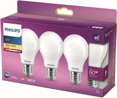 Immagine prodotto di Lampadina LED Philips, 60 W, bianco caldo, 25.000 ore, confezione da 3