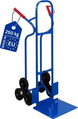 A blue hand truck with a tag attached to the handle.