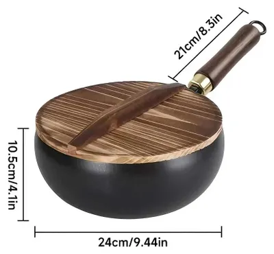 Obrázek produktu pro Hrnec z litiny – pánev o průměru 24 cm – s nepřilnavým povrchem – s dřevěným víkem – vhodná pro plynové a indukční sporáky – grilovací pánev na steaky a omelety