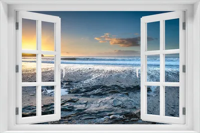 Produktbild von Wallario Wandbild aus Acryl, 60 x 90 cm, freischwebende Optik - Einsamer Strand in Cornwall  England mit Fenster-Illusion